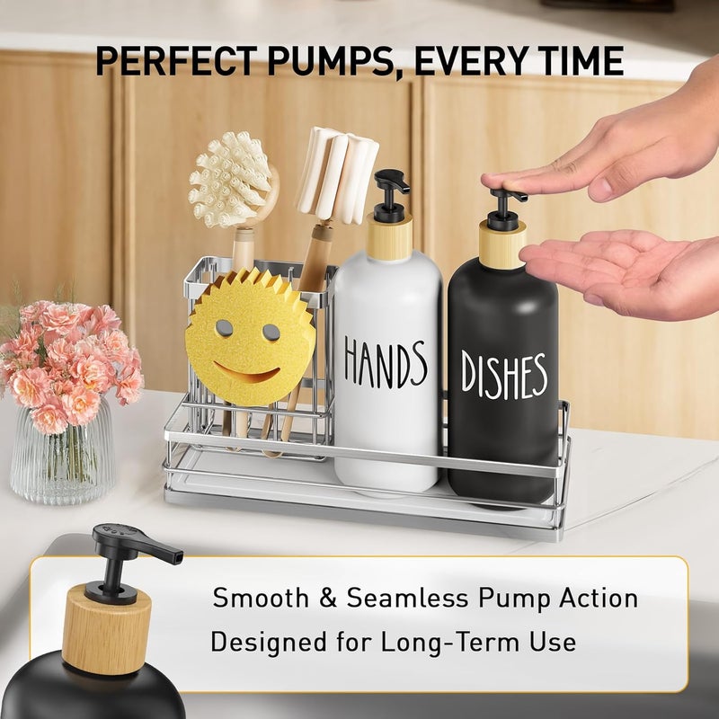 Moforoco Kitchen Dish Soap Dispenser Set, 16OZ Glass Bottle, Hand and Dish Soap Dispenser Set, Instant Dry Tray, Non-Slip Silicone Pad, Brush Holder with Smiley Face Sponge Holder, Kitchen Decor - Image 4